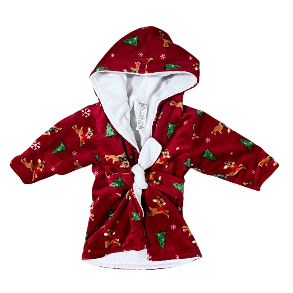 Rudolph Red Nosed Reindeer Kids Robe 0-9m Christmas Plush Hooded‎ Soft Holiday